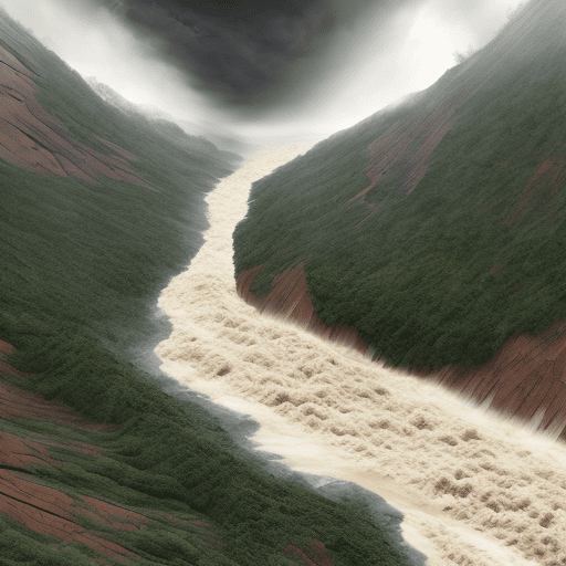Imagine a dramatic scene of natural disaster, flood landslide, contributing to the overall sense of disaster. --ar 71:128 --stylize 750 --v 6 ,