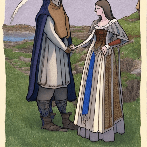 Woman dressed with medieval clothes singing to her absent lover by the sea of vigo (spain). Ghibli drawing style.