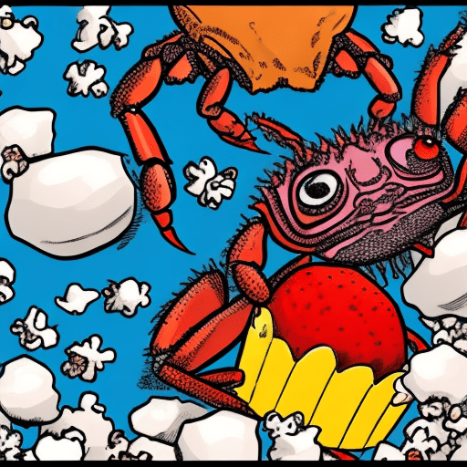 A crab eating popcorn with friendly eyes in comic art