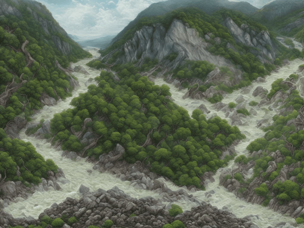 Storm, typhon, rock fill river, litter, rianing, rapid river water, earth and rocks slide down the hillside, dangerous, endanger, natural disaster , flood , landslide, no human characters, showing the disharmony of nature, crash trees, intricate detail, wide angle, 360 panorama, high detail. Bright painting, close shot,