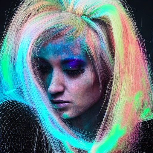Https://s. Mj. Run/vnhtcg9d4mc a black background with a woman with opalescent hair, in the style of trippy photography, fluid expressionism, distorted bodies, detailed facial features, dark white and light cyan, ghostcore, glowing pastels --s 750 --ar 14:25 --v 6. 0
