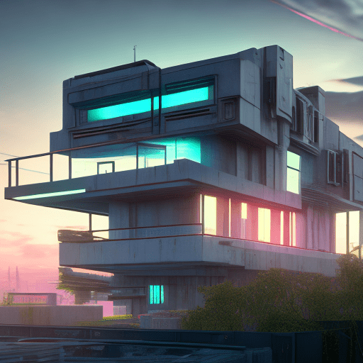 Hyper realistic eye level photo of a cyberpunk century modern style house overlooking the horizon, indirect lighting, raytracing, neon