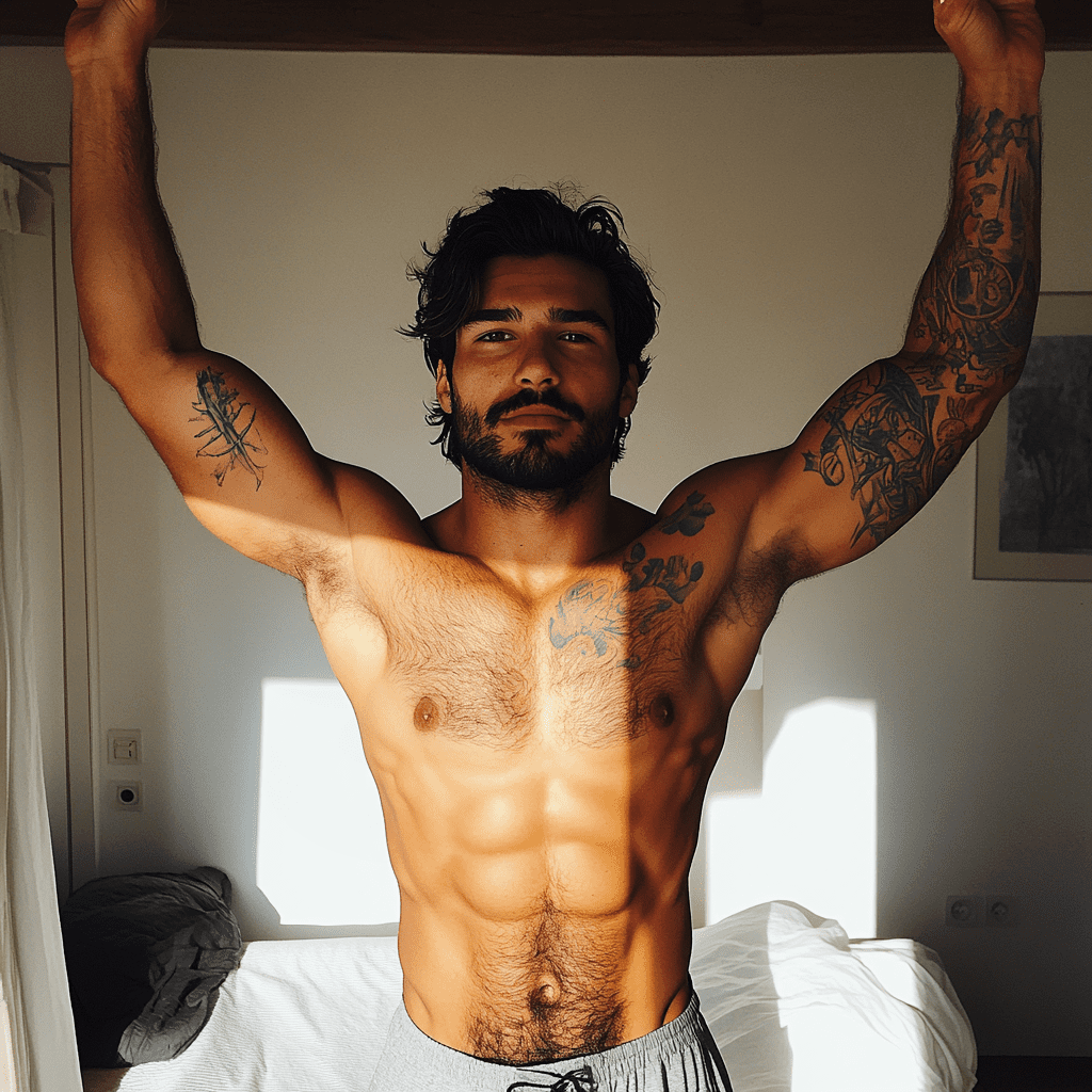 Photo of an attractive italian man with dark hair, incredibly hairy chest, arms raised, under arm pit hair, abs, fit, wearing tight gray shorts standing in a unfurnished room with white walls, he has tattoos on his arms, a full-body shot, posted to snapchat in 2018. Golden hour --c 25 --s 250 --style raw --v 6. 1