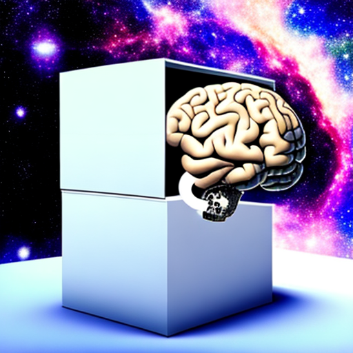 Foreground: brain in a white box. Background: galaxy in space