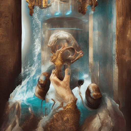 The realm of liquid dreams – a captivating scene showcasing a fantastical water texture and a brown skin human realistic hand holding highly detailed futuristic microphone, transporting viewers to a world where imagination reigns supreme, open wound on hand reveals robotic parts