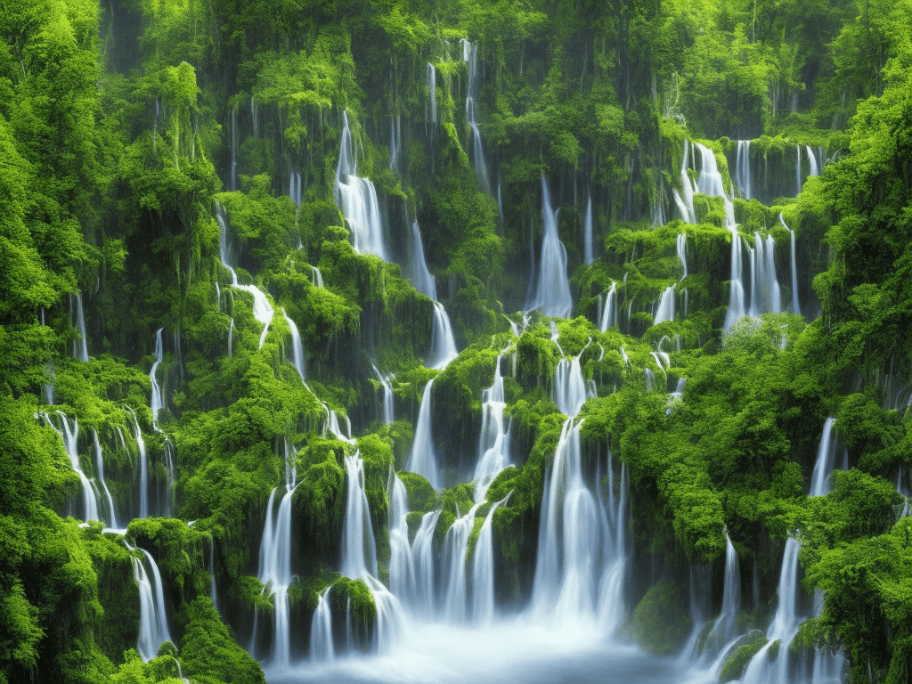 Best quality uhd photo realism of a wonderful alien landscape on an other planet, with waterfalls and lush greeneries and beautiful flowering bushes, and threes, in a ground view