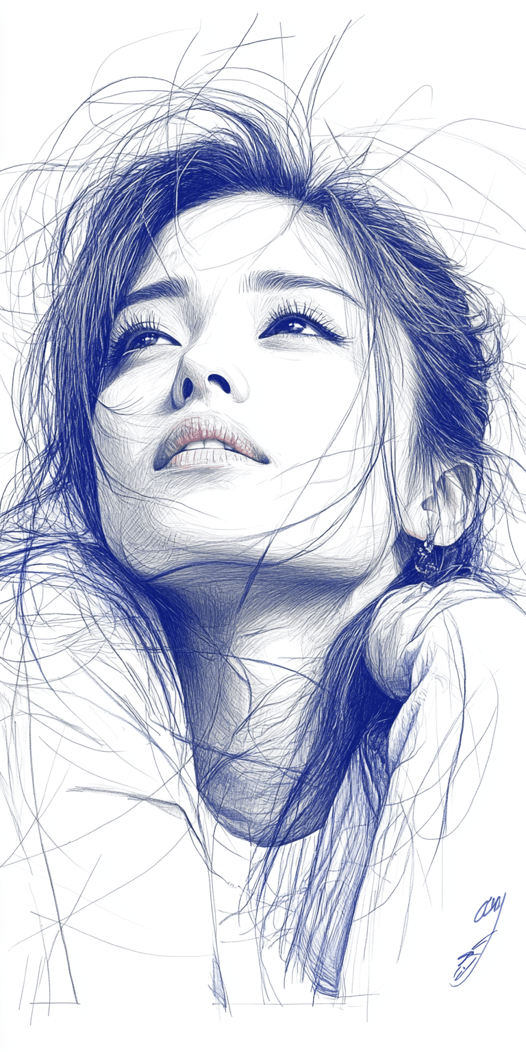 White-blue pencil sketch of a woman, mid 20's, soft and warm lines, ultra-fine detailing --ar 1:2 --style raw --personalize yruxpc2 --stylize 750 --v 6. 1