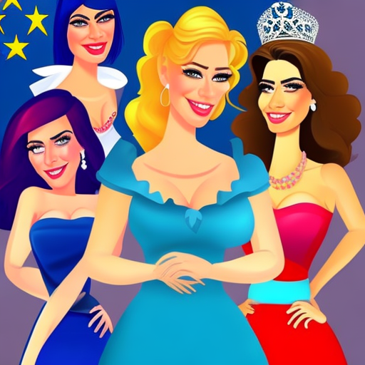 Un mapamundi de fondo de estilo cartoon y en primera plana dos mujeres europeas rubias atractivas de estilo realista