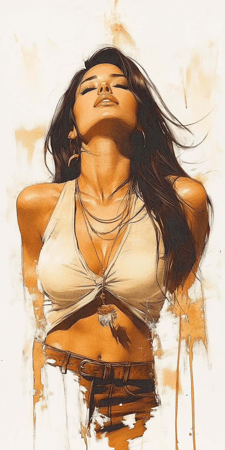 A drawing of an attractive woman in the style of frazetta, ink on paper, minimalistic, white background, strong colors, soft lines and shapes, light cream and dark brown tones --ar 1:2 --personalize yruxpc2 --stylize 750 --v 6. 1