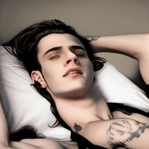 Ultra-realistic photograph of a young man reclining with a serene expression. He has radiant golden eyes and lovely, his pale white skin luminous and clear. His long, curling black hair normally disheveled and sports a white shirt with rolled-up sleeves, held up by black suspenders. A visible tattoo adorns his arm.