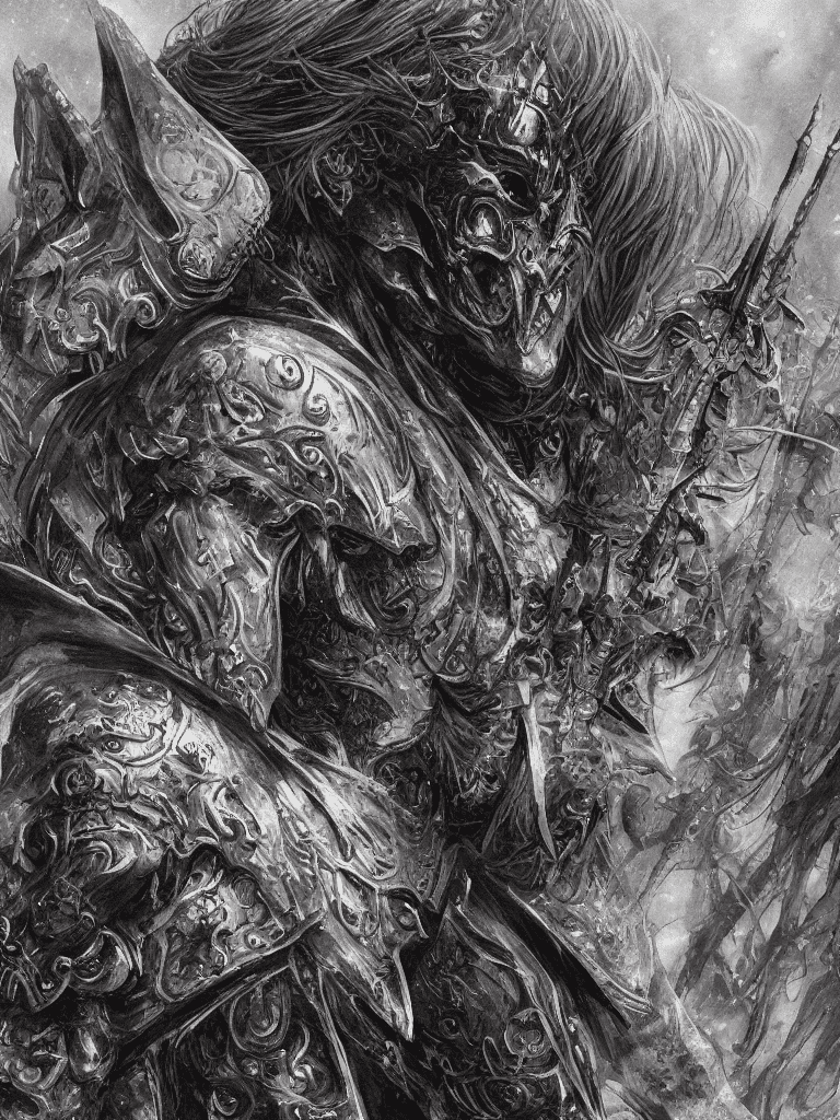 Medium close up, stunning illustration of a demonic warrior in black medieval armor, masked face, cloak, epic composition, proud, stormy weather, foggy, dark fantasy, gloomy, dramatic, emotional depth, absurdres, maximum details, by milo manara and russ mills, detailed illustration, 8k, very intricate, insanely detailed, colorful