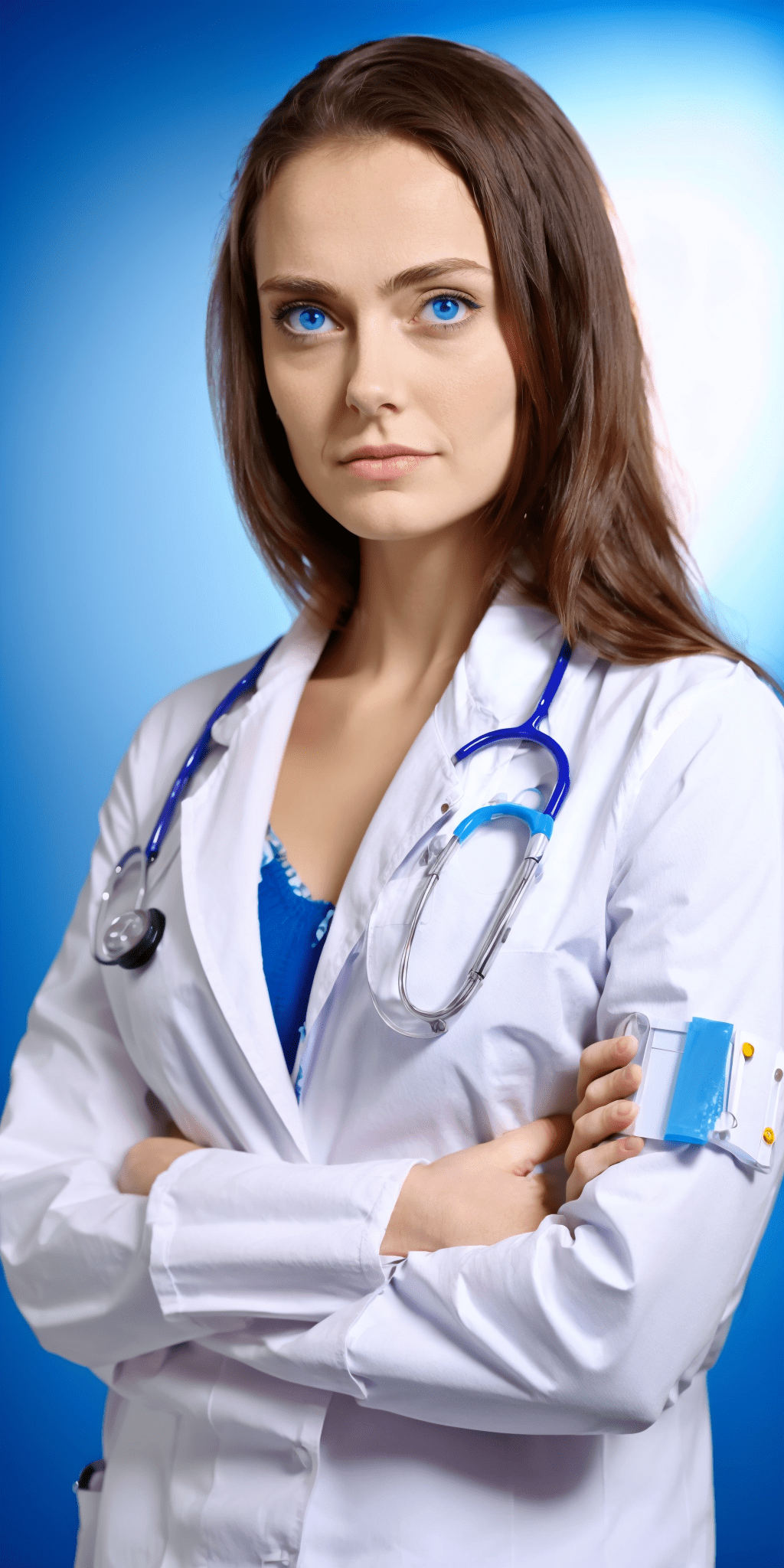 Professional doctor, blue eyes, serious look, full body shot, arms crossed, medical office