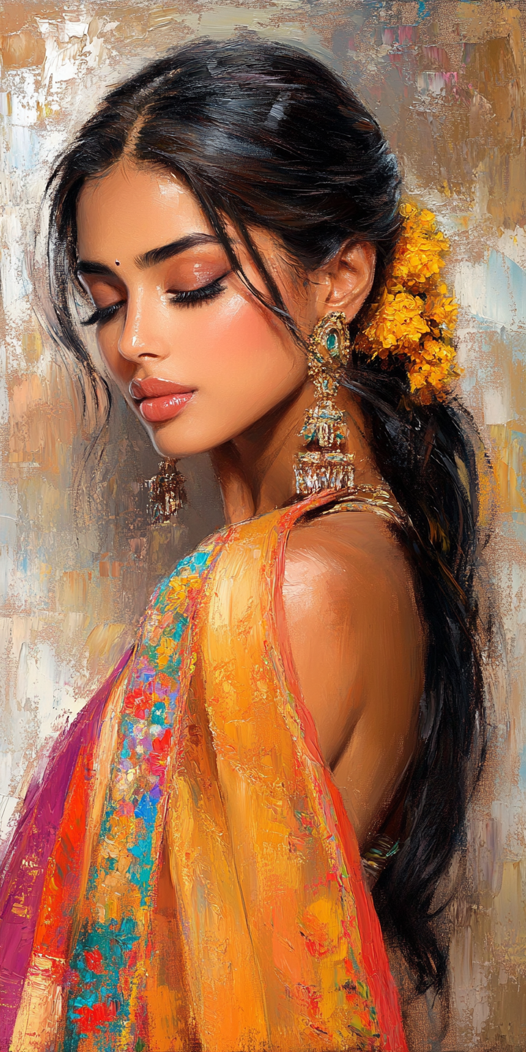 A masterpiece post-impressionist oil painting of beautiful bollywood actress wearing a sari, in the style of monet, side view, expressive facial features, stunning accurate and detailed, ultra-realistic, wavy, oshare kei, light brown, heavy impasto brushstrokes --ar 1:2 --personalize yruxpc2 --stylize 750 --v 6. 1