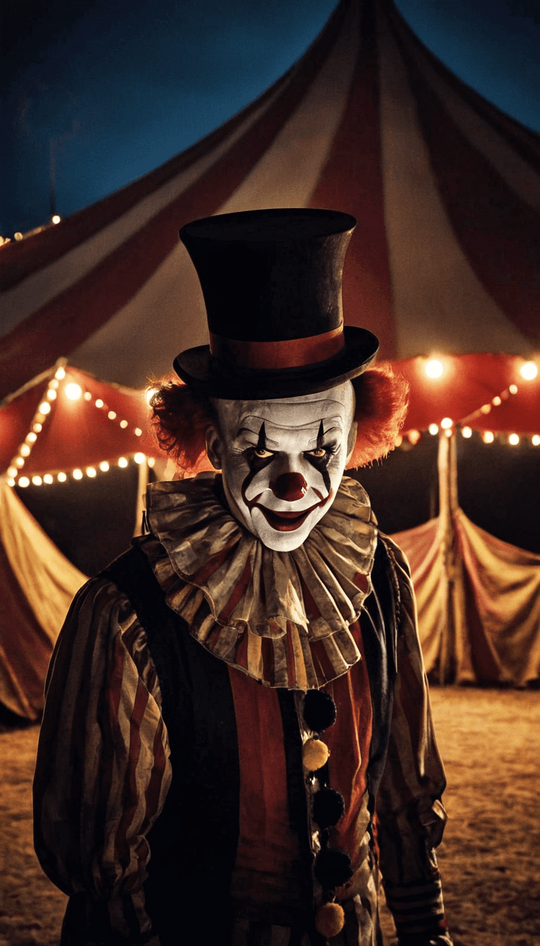 A evil clown standing in front of the circus tent at night, highres, realistic photo, professional photography, cinematic angle, dynamic light back shining,