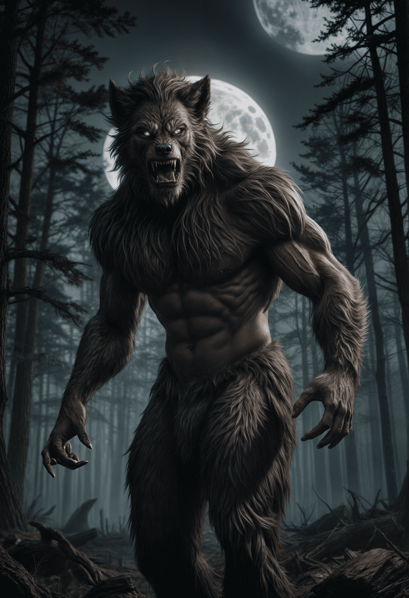 A man is transforming in a werewolf, epic cinematic scene, full moon, dark woods in background