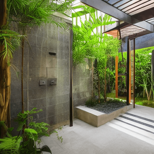 High resolution photography of modern enclosed lush balinese garden courtyard with outdoor shower small spa and dining area with smooth paving, magazine, cozy atmosphere; 8k, intricate detail, photorealistic, realistic light, wide angle, kinkfolk photography, a+d architecture