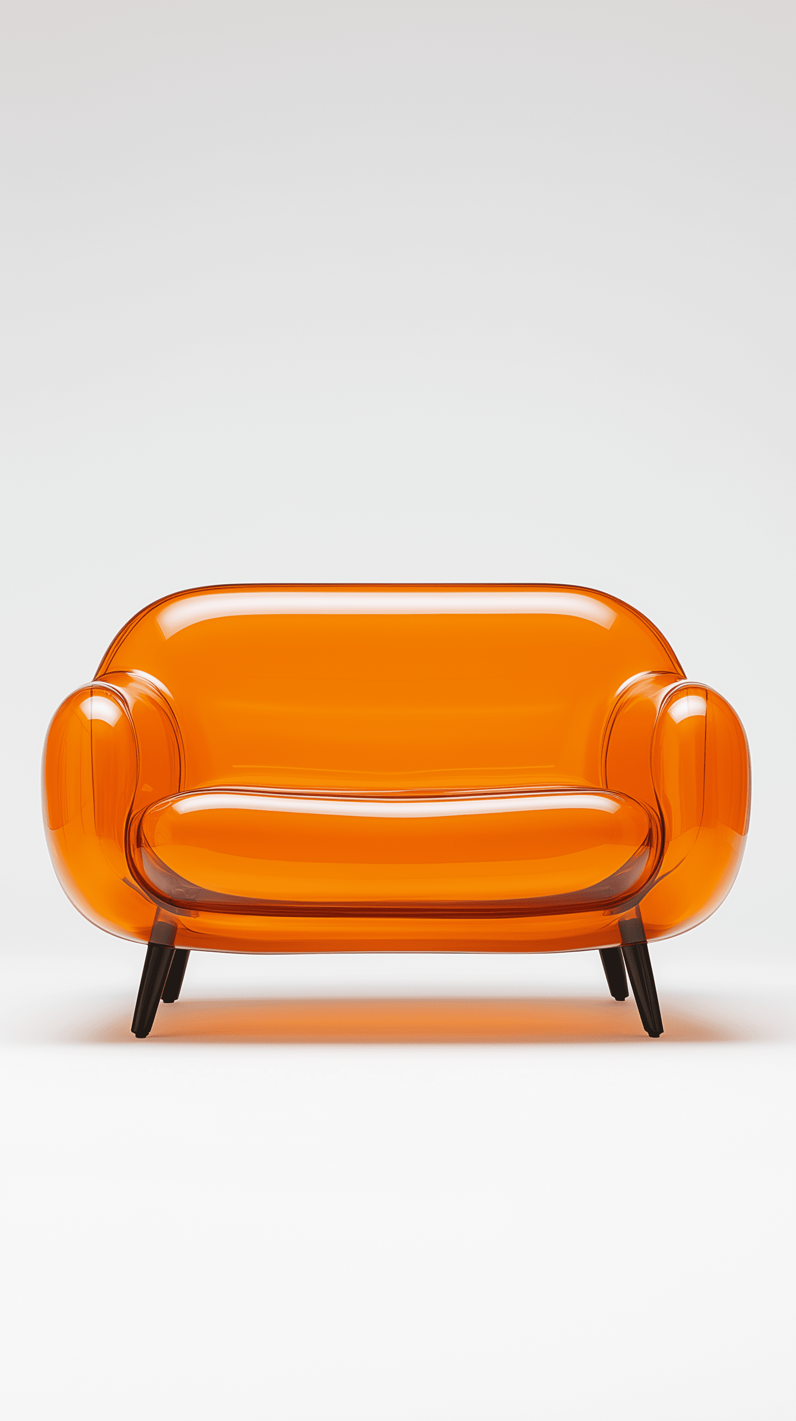 Hyper-realistic, high resolution photography, front shot, soft orange color transparent vinyl material couch, creative design, used camera is sony α7r iv, paired with a sony fe 24-70mm f/2. 8 gm lens, set to an aperture of f/8 for optimal sharpness, shutter speed of 1/125 to freeze, keeping iso at 100 for the finest image quality, ensuring detail from the light patterns to the material textures is professionally presented, low-key, design award winning, casting natural light with softbox lighting, sharp focus, clear, detailed, cinematic, solid background, glamourous, editorial, editorial shoot, ultra realistic, uhd resolution, rich details --ar 9:16 --style raw --personalize c84qxg1 --stylize 700 --v 6. 1