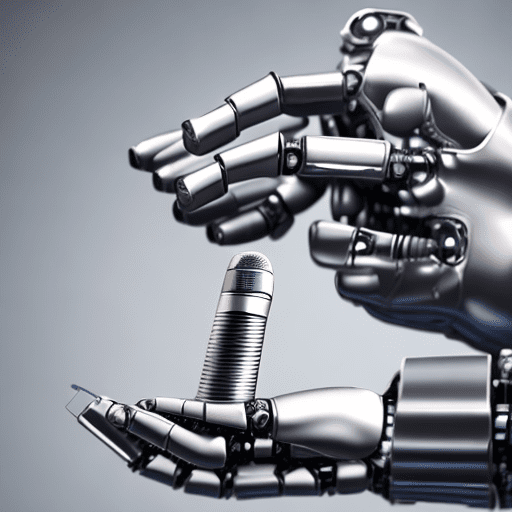 The robots hand is given a futuristic microphone by the human hand new technologies