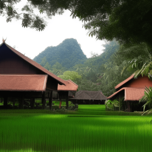 The atmosphere of the malay village in the olden days, many malay wooden houses, full of malay people wandering around, the time of the malacca kingdom, malay houses by the rice fields, mountains, blue clouds, morning mist, malay people walking, malay people working in the fields, many malay people
