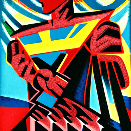 An image of a man dressed like a superhero with his fists and arm, in the style of chicano art, dark yellow and turquoise, red and bronze, bold posters, rangercore, argus c3, the blue rider