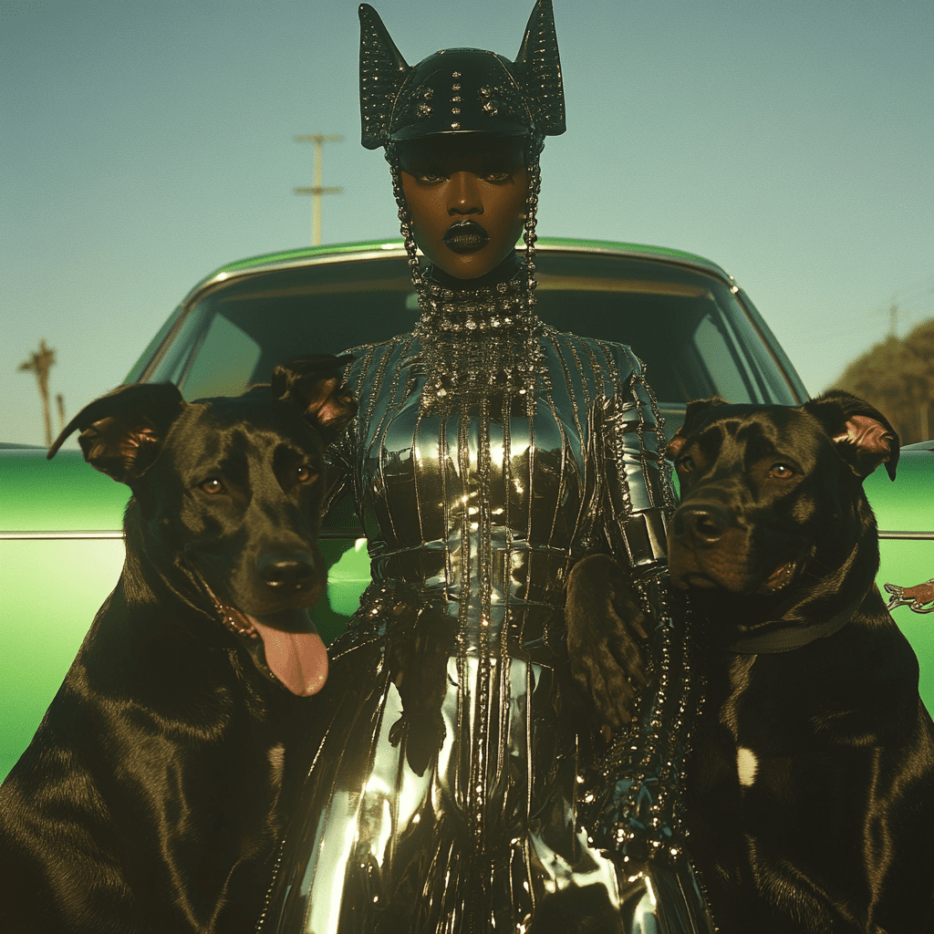 Hyperrealistic photo of a person that is half black woman half alien and is wearing futuristic metallic garments poses in front of an old green cadillac while holding her two black dobermans that are pushing violently against the cameraman, fashion photoshoot style, miami streets, golden hour