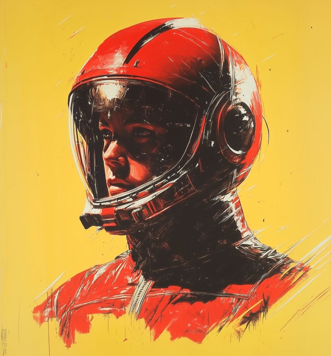 Lithograph of a red space pilot in a dark suit and helmet, against a yellow background, with bold lines and high contrast, in the style of 70s sci-fi art by wayne barlowe. --s 250 --style raw --ar 13:14 --v 6. 1