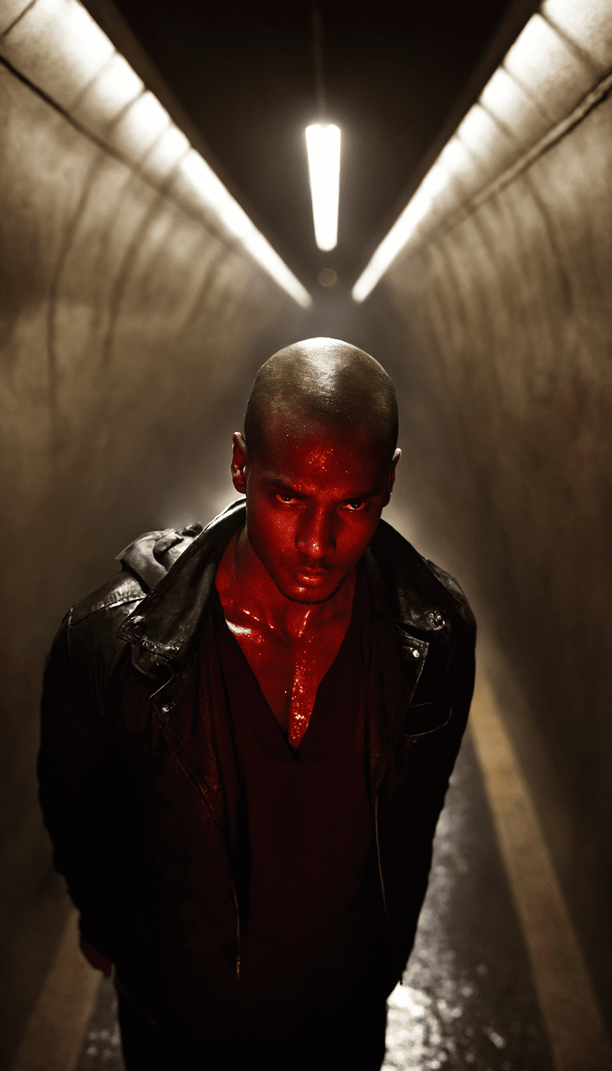 Bald man in leather jacket with blood on face and body in tunnel, wet floor, low angle shot, red tone, realistic photo, professional photography, cinematic angle, dynamic light back shining,