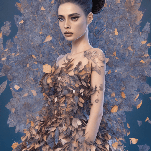 A full body photorealistic beautiful dress made entirely of leaves with blue apple texture, rose patterns and the colors are black with gold, worn on a beautiful latina woman, ((rose) ) fashion designed, influenced by leaf petals, highly detailed, 8k sharp focus, photorealism