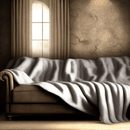Dust sheet over a sofa in an old dimly lit 1800's stone walled lounge. Style: photo realistic