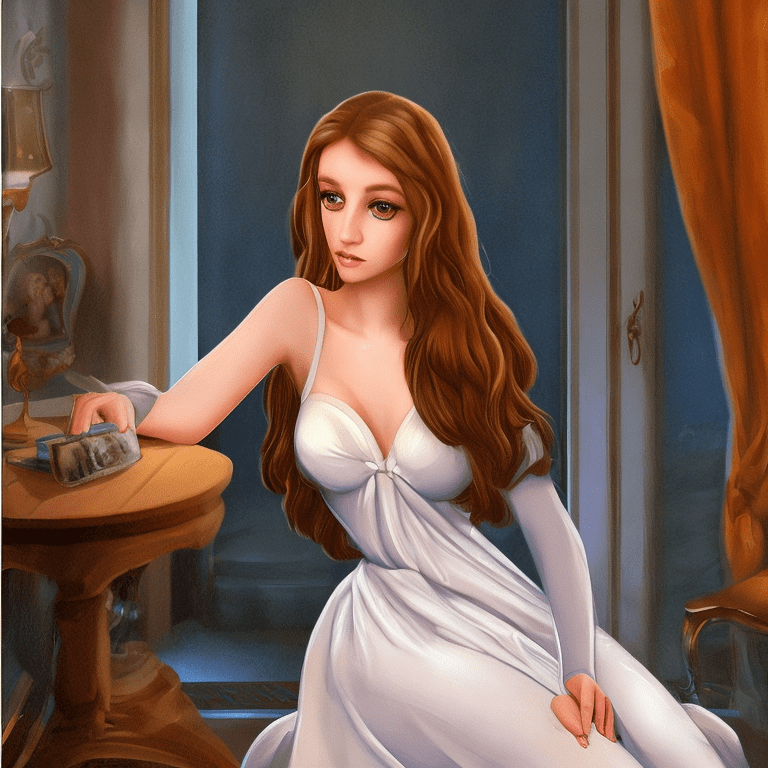Realistic lady, beautiful body, long legs, big blue eyes, long hair, high detailed european face, night dress, big chest, romantic sitting in the castle room
