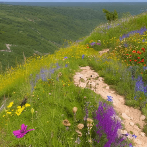 Wild flower garden on a cliff edge, with rough dirt path