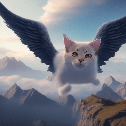 A cat with angel wings, flying in the sky, above mountains, cinematic, hyper realism, high detail, octane render, 8k