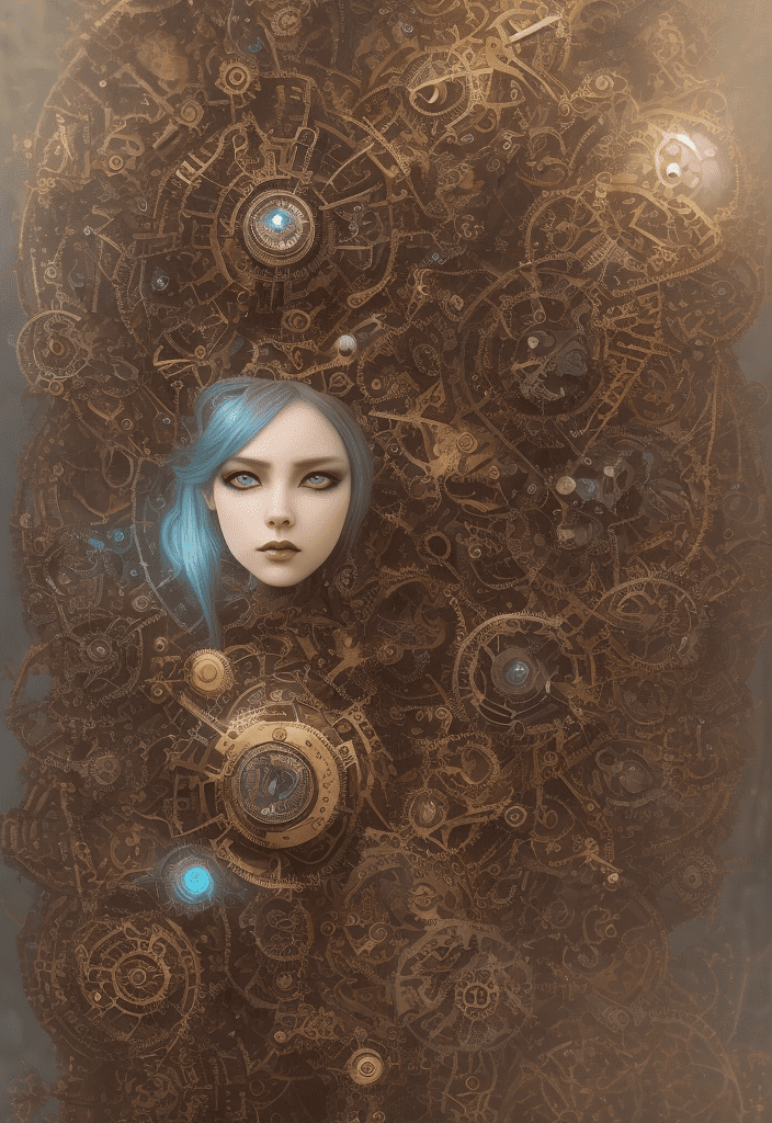(3d steampunk clockwork fantasy whimsical monster:1. 3) , inspired by (bella kotak) , rich gold and cyan color palette, (photorealistic detail) , infused with a dark fairy tale atmosphere, intricately designed miniatures, artgerm aesthetic, (superb uhd resolution) , enchanting yet mysterious ambiance, voluptuous clothing adorned with gears and cogs, smoky background filled with surreal elements, artistic masterpiece, (highly detailed) and dynamic visual style