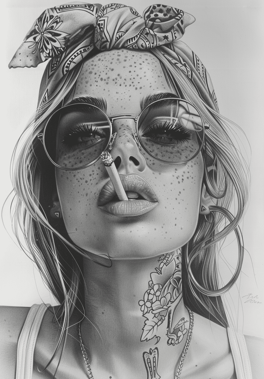 Detailed black and white drawing of an attractive woman with freckles, wearing large round glasses, a bandana on her head, tattoos all over her face, smoking a cigarette, looking straight ahead, in the style of old school tattoo art --ar 73:105 --stylize 750