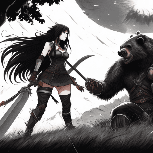A 26-year-old female adventurer with long dark hair, dressed in adventurer armor, fights with a two-handed sword against a large black bear with demonic glowing eyes. The girl looks at the bear. Lying on the ground behind the woman is a wounded middle-aged male adventurer with dark short hair, wearing adventurer armor. Manga style, black and white image, 4k, high-detailed