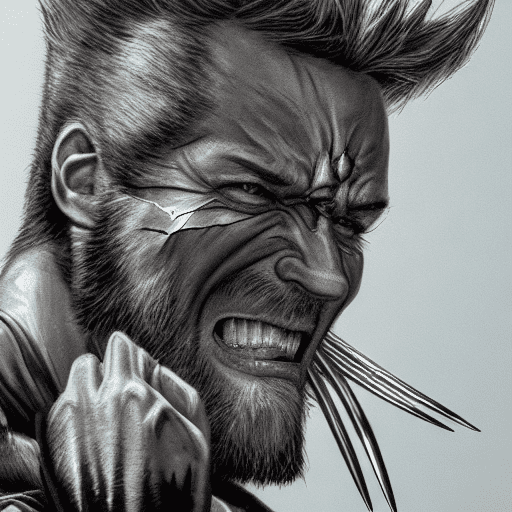Hyper-realistic digital portrait of logan, known as wolverine, rendered with dan hipp's trademark blending of photo-realism and fantastical textures. Wolverine's grizzled face and muscular physique displayed with forensic detail, minor scars and bruises lending gritty verisimilitude. His adamantium claws extended in a combative stance, razor-sharp steel glinting under neon signs of a gritty alleyway. Subtle luminescent threads pulse through muscles and between armor plating like circuitry.