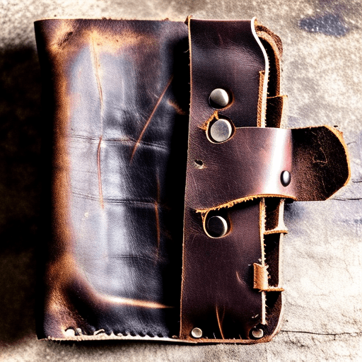 An abandoned leather wallet, open to its internal spine, showing empty inside pockets. Style: goth