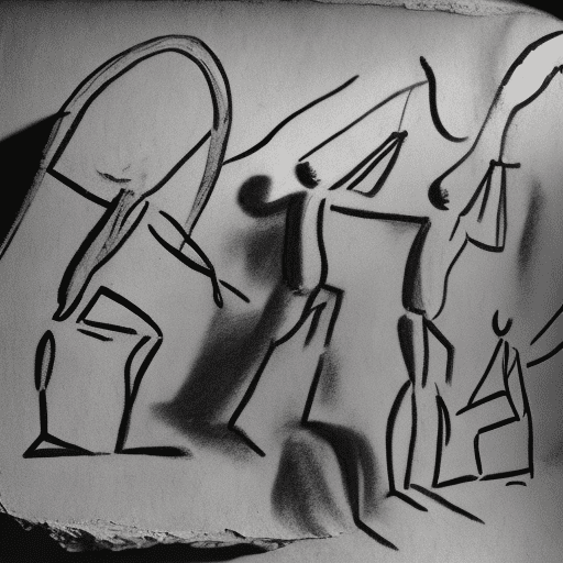 Create a cave painting like cartoonish charcoal image of a stick figure lifting weights