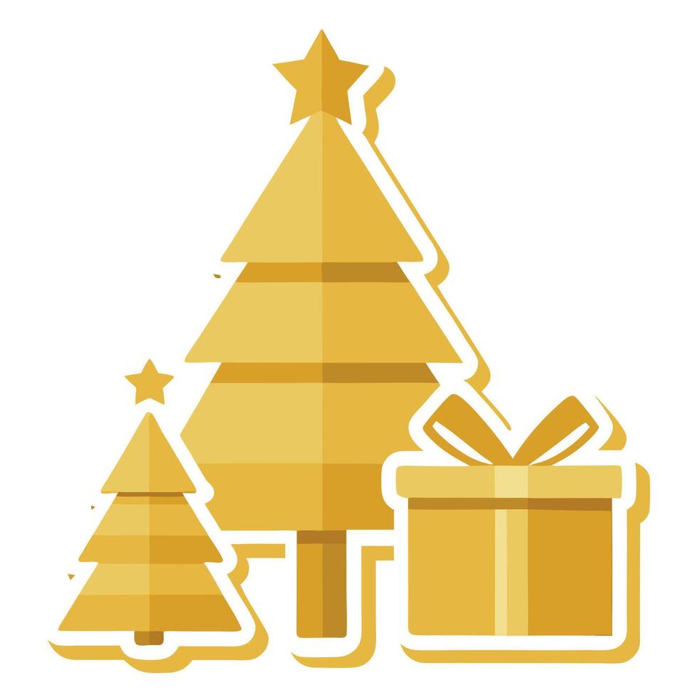 Sticker-clipart-set-of-golden-christmas-tree-and-gift-box-on-transparent-background-free-vector