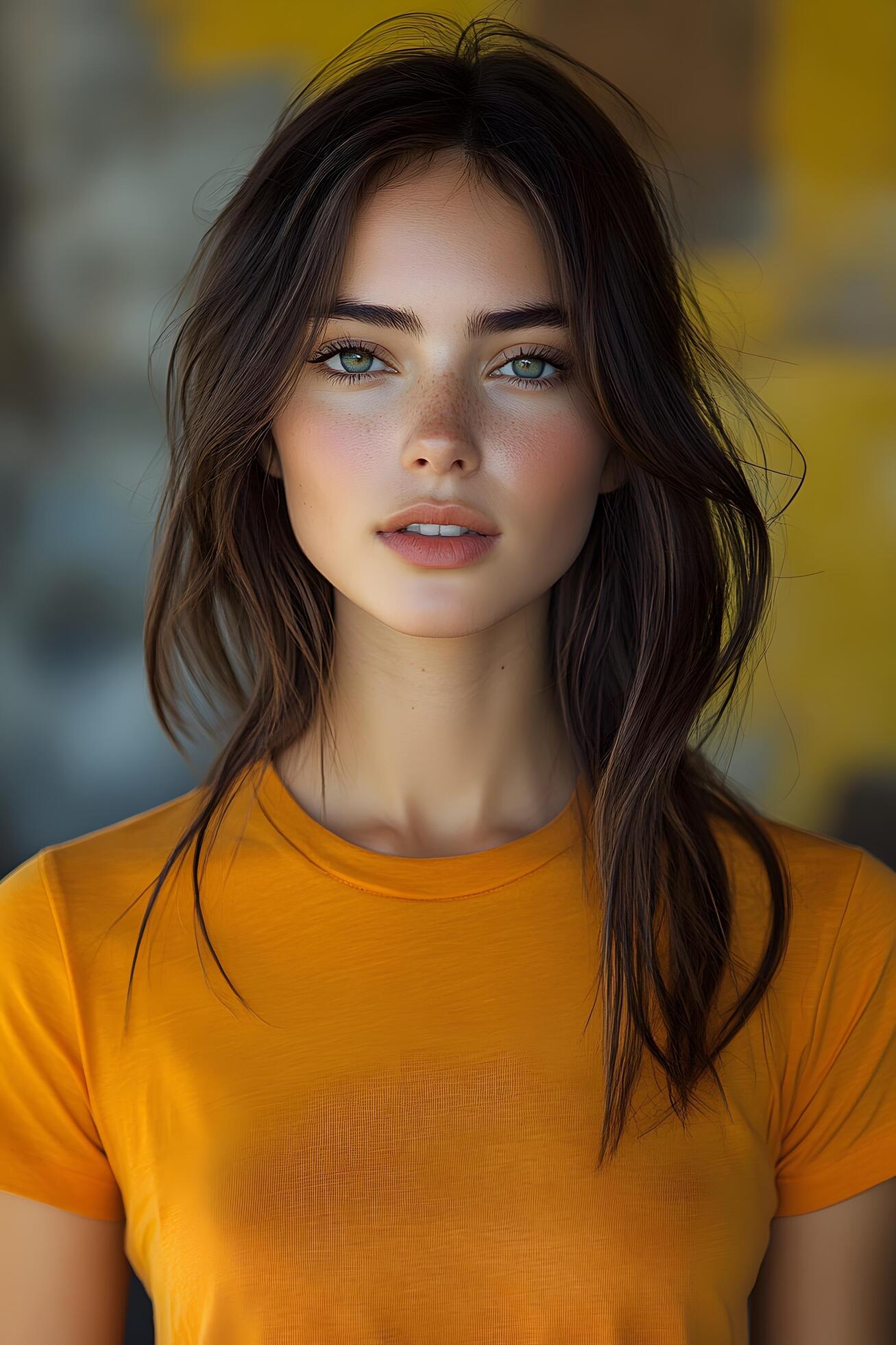 Top-half-body-of-a-young-woman-in-an-orange-t-shirt-looking-at-the-front-camera-with-a-yellow-blur-background-ideal-for-clothing-brand-display-free-photo
