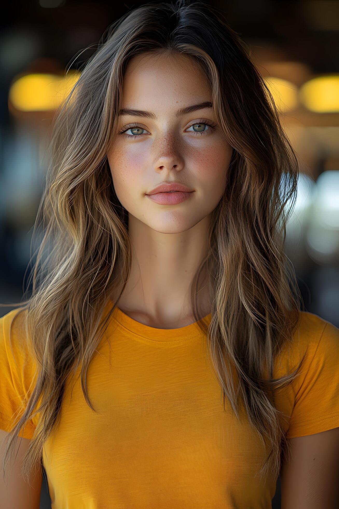 Yellow-blur-background-with-a-young-woman-in-an-orange-t-shirt-top-half-body-looking-directly-at-the-camera-free-photo