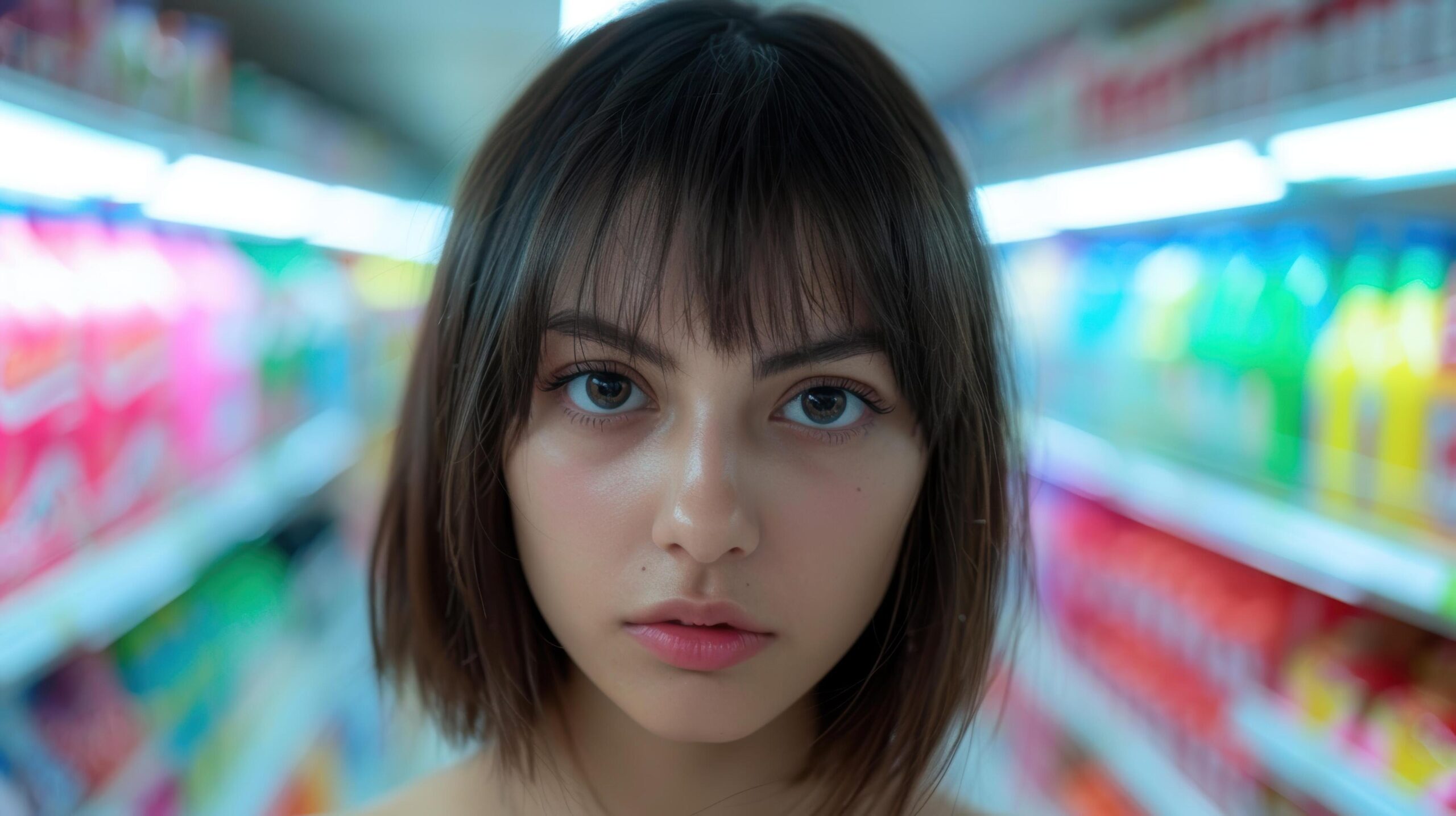 Young-woman-with-dark-hair-and-blue-eyes-in-colorful-background-free-photo