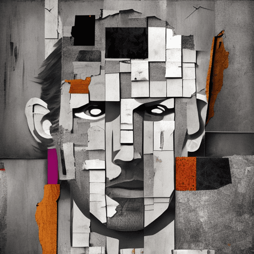 Abstract, broken man, no face, in the style of multi-layered collages, edgy street art, cardboard, fragmented icons, realistic hyper-detail, crossed grayscale colors --ar 73:111 --stylize 750 --v 6