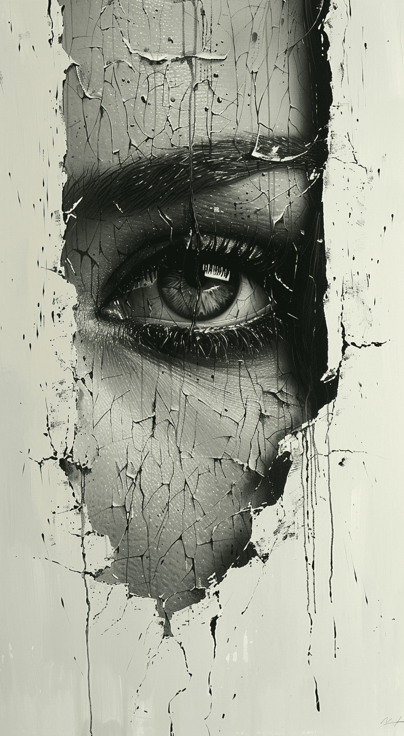 A hyperrealistic oil painting, white background of an eye peeking through ripped paper with the shape of one human's face in black ink , capturing intricate details and textures on a clean white canvas, monochrome colors of grey and stark contrast to highlight the subject against a simple yet striking backdrop, emotion through expressive facial features and depth of field that adds character. --ar 35:64 --stylize 750