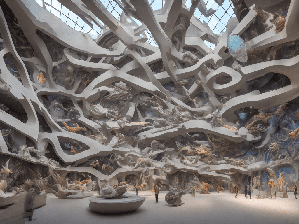 A view inside a futuristic museum, showcasing strange, weird, and bizarre art, large 3d sculptures, and gigantic paintings. The gallery's architecture is precise, with photo-realistic and maximalist styles, and the art pieces are spotlighted. Ambient surrealism lighting enhances the overall experience.