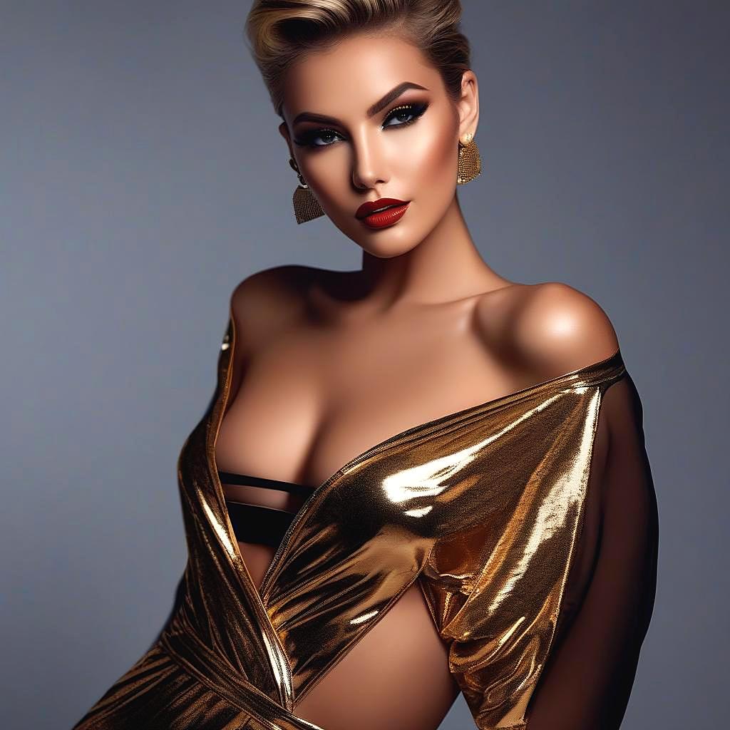 The photo shows a young woman posing in a glamorous outfit. She is wearing a strapless metallic gold dress with a plunging neckline and a thigh-high slit. The dress is draped over her body, highlighting her curves. She has blonde hair styled in a sleek updo and large dangling earrings. Her makeup is dramatic, with bright red lipstick and dramatic eye makeup. The background is a simple grey, making the woman the center of attention in the photo.