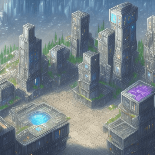 A magically technological city downtown. Short buildings. Crystal quarry in the center. Fantasy art style.