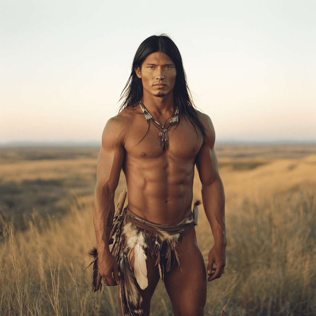 Full shot, full-length portrait, wide field of view, centered, showing entire body, award-winning cinematography, award-winning photography, portrait of handsome native american man with black hair and dark eyes, average body, standing, hairy chest, asymmetrical eyes, posing for the camera, showing off his legs, realistic skin, golden hour, 8khd --chaos 25 --v 6. 1