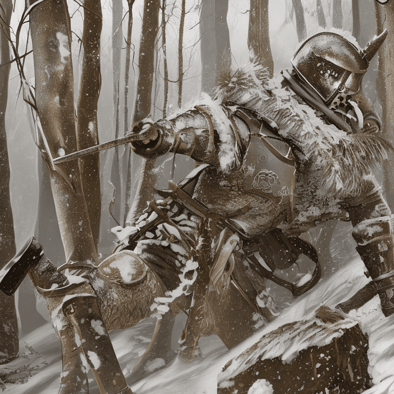 A highly detailed illustration of a medieval knight trudging through a fierce snowstorm in a dense, wintry forest. The style of the artwork is cinematic and semi-realistic, with strong emphasis on dramatic lighting, textures, and atmospheric depth. The knight wears dark, weathered, black armor adorned with scratches and battle scars, the metallic surfaces dulled and lightly coated with frost. His heavy cape, dark and torn at the edges, is whipped violently by the icy wind, adding motion to the otherwise static environment. His helmet’s visor glows faintly from the snow’s reflection, adding a sense of mystery and weight to his presence. The surrounding forest is filled with tall, skeletal trees, their branches bare and coated in snow, reaching upward into a foggy white sky. The snowstorm is dense, with flurries of snow blowing chaotically in the air, partially obscuring distant details. The snow on the ground is deep, with the knight’s boots leaving a clear trail behind him. The lighting is soft and diffused, dominated by cold blue and gray tones, with occasional hints of pale white highlights where the snow catches what little light pierces through the storm. Despite the harsh conditions, the knight’s posture is upright and determined, though visibly strained, as if he is battling against the storm itself. His sword is strapped to his back, partially hidden beneath his flapping cape, and his gauntlets grip the straps of his travel gear tightly. His silhouette contrasts starkly against the muted, frosty background, making him the focal point of the scene. Subtle details enhance the realism: flakes of snow collect on the knight’s armor and in the folds of his cape, and his breath forms small clouds that dissipate quickly in the cold air. The overall mood is harsh yet majestic, capturing the relentless power of nature and the resilience of the lone knight. The illustration should use clean, defined lines for the knight and his armor while blending soft, painterly strokes for the snow and background, creating a harmonious contrast between the sharp details of the knight and the chaotic softness of the storm. "