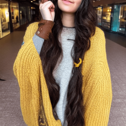 A woman with wavy dark brown hair, wearing an oversized yellow knitted sweater that leaves her shoulders bare, has the words "apex nova" written on it in embroidered letters looks gently towards the camera, slightly tilting her head and gently brushing her hair. The lighting is warm and creates a cozy atmosphere. She is walking through a beautiful mall carrying on her shoulder a beautiful brown backpack that has the letters "apex nova" printed on it, she has with her a beautiful golden dog walking beside her elegantly and she is wearing white leggings that fit her body, leaving the woman's slim silhouette exposed.